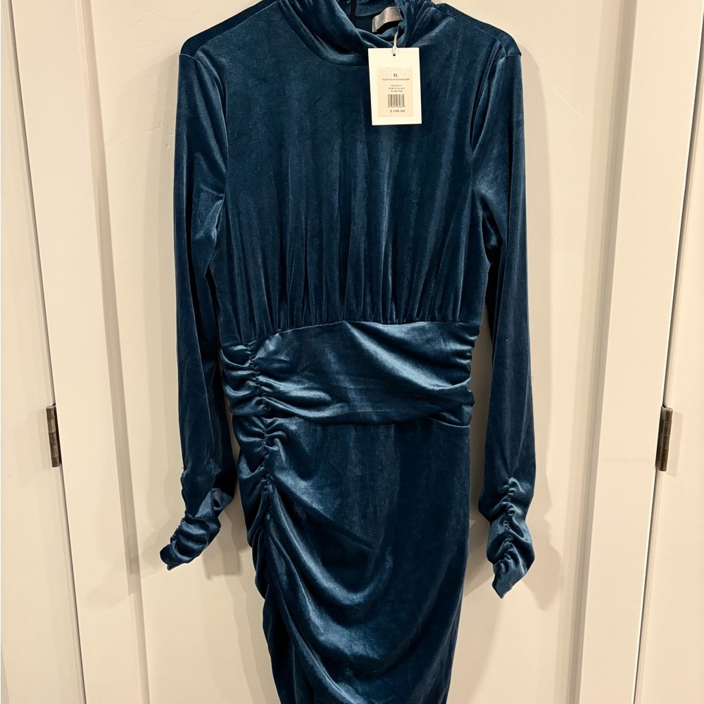 Elegant Sleek Simple Blue Velvet Turtleneck Dress - Picture 4 of 7